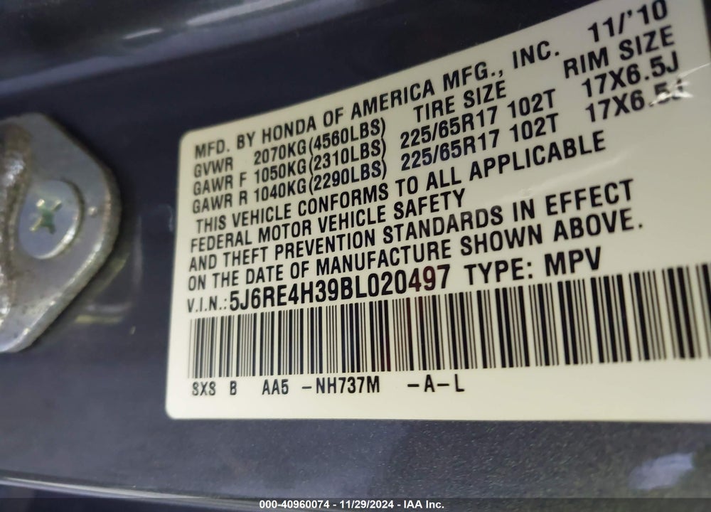 2011 HONDA CR-V LX VIN: 5J6RE4H39BL020497