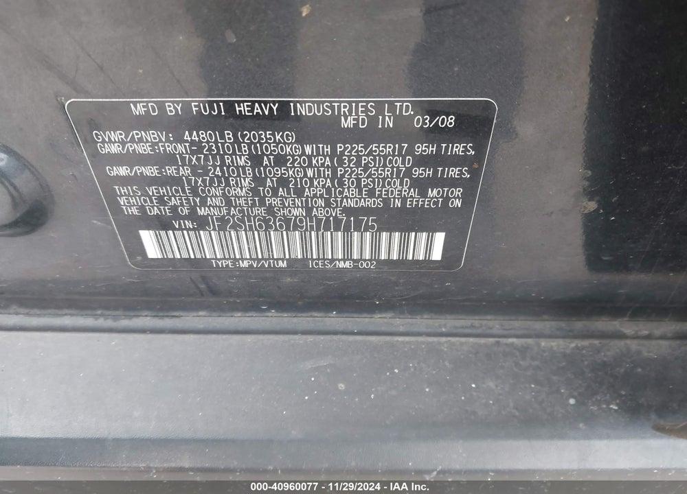 2009 SUBARU FORESTER 2.5X VIN: JF2SH63679H717175