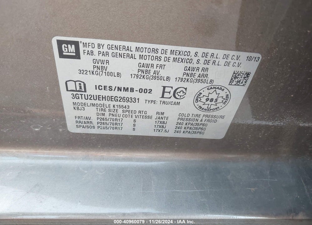 2014 GMC SIERRA 1500 SLE VIN: 3GTU2UEH0EG269331