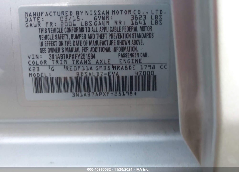 2015 NISSAN SENTRA FE+ S/S/SL/SR/SV VIN: 3N1AB7APXFY251984