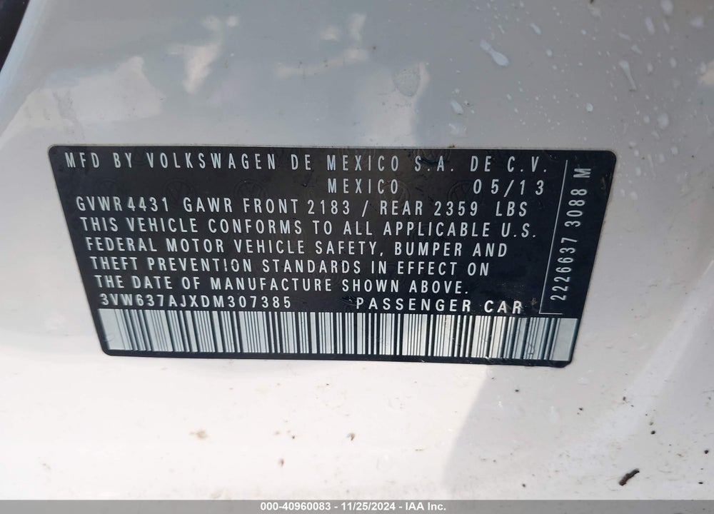 2013 VOLKSWAGEN JETTA HYBRID SE VIN: 3VW637AJXDM307385