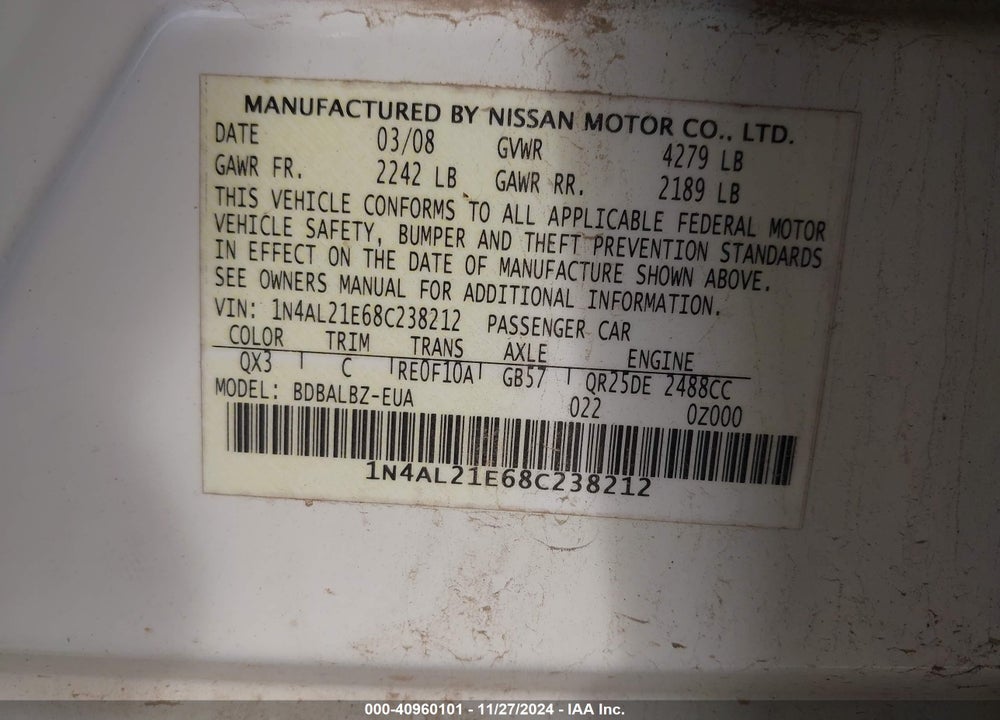 2008 NISSAN ALTIMA 2.5 S VIN: 1N4AL21E68C238212