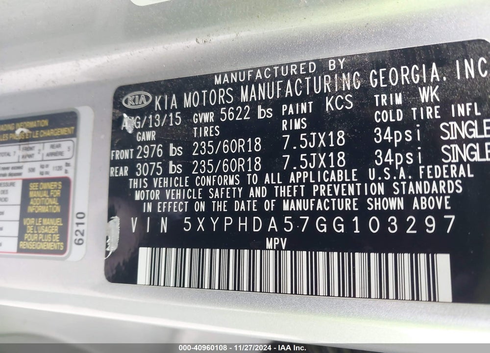 2016 KIA SORENTO 3.3L EX VIN: 5XYPHDA57GG103297