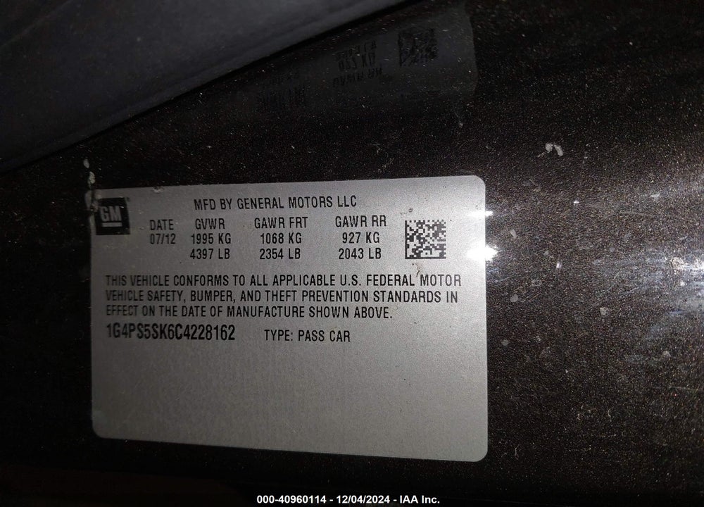 2012 BUICK VERANO LEATHER GROUP VIN: 1G4PS5SK6C4228162