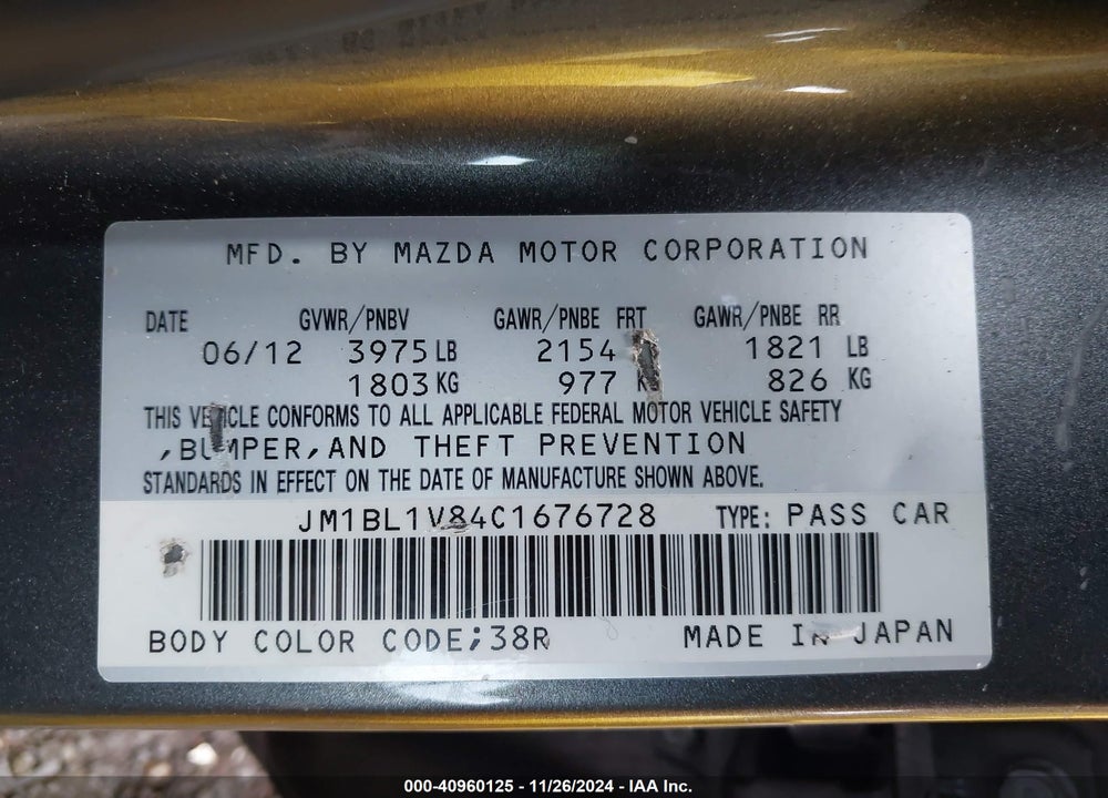 2012 MAZDA 3 I TOURING VIN: JM1BL1V84C1676728