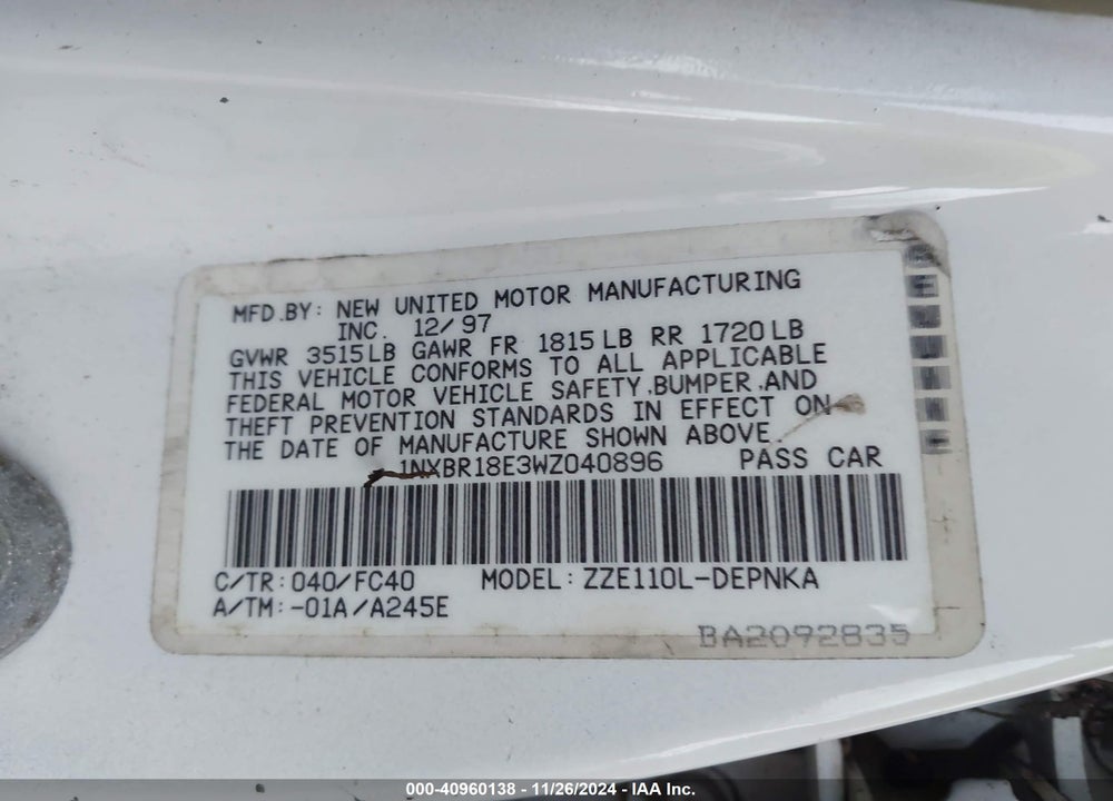 1998 TOYOTA COROLLA LE VIN: 1NXBR18E3WZ040896