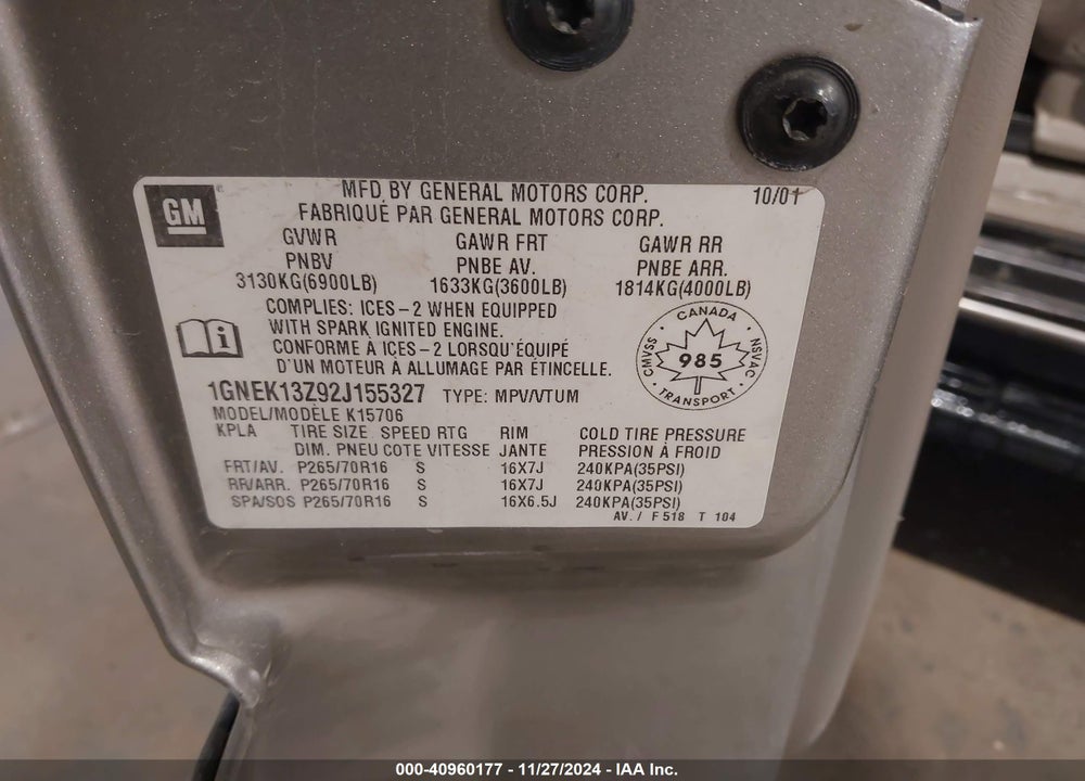 2002 CHEVROLET TAHOE LS/LT/Z71 VIN: 1GNEK13Z92J155327