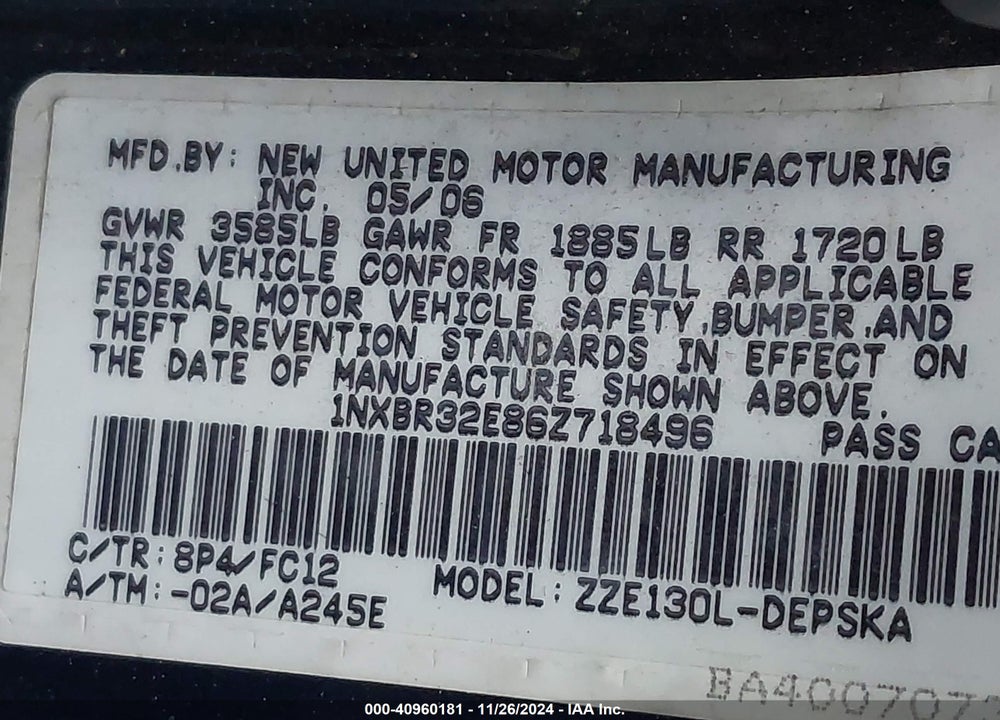 2006 TOYOTA COROLLA S VIN: 1NXBR32E86Z718496