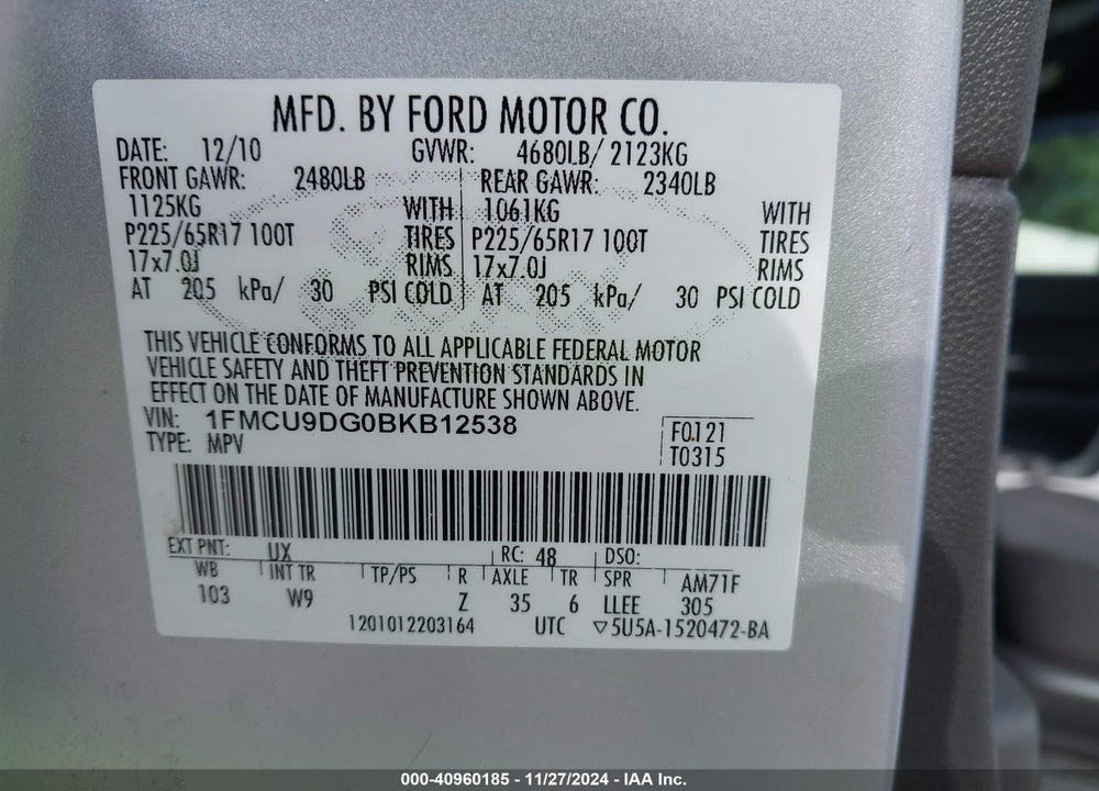 2011 FORD ESCAPE XLT VIN: 1FMCU9DG0BKB12538