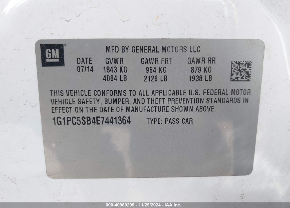 2014 CHEVROLET CRUZE 1LT AUTO VIN: 1G1PC5SB4E7441364