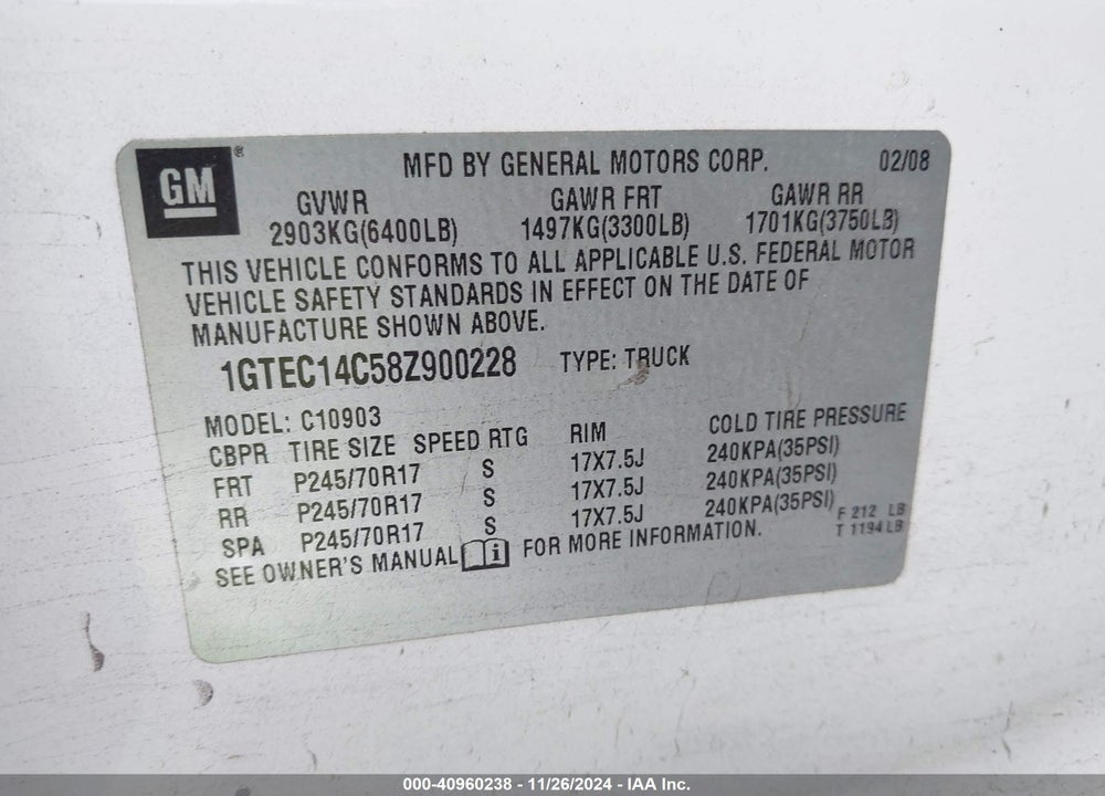 2008 GMC SIERRA 1500 WORK TRUCK VIN: 1GTEC14C58Z900228