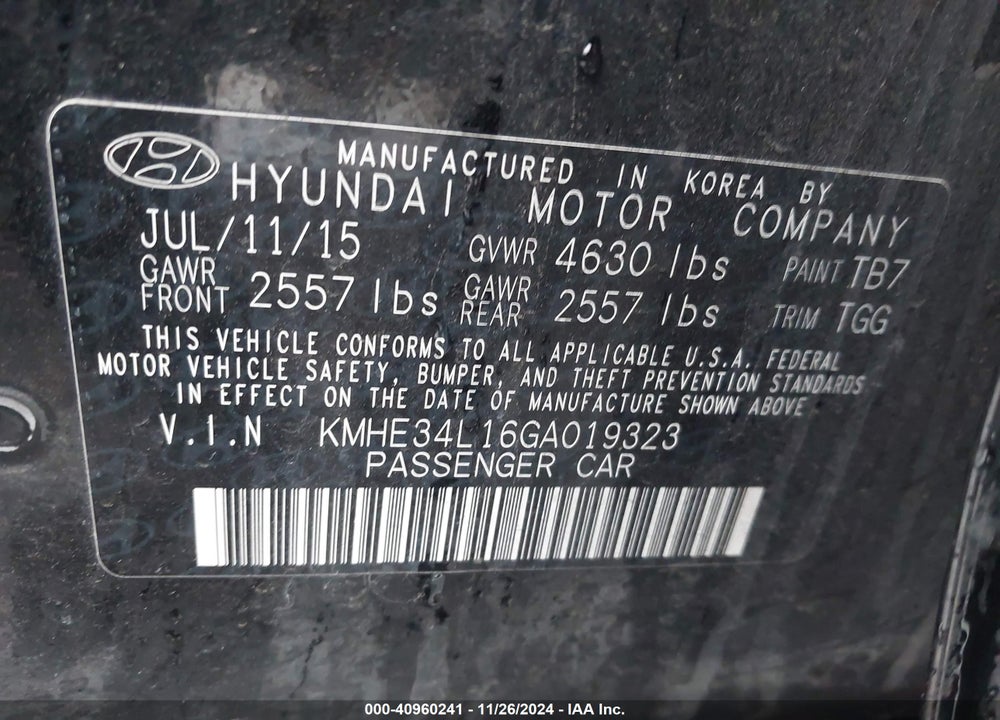 2016 HYUNDAI SONATA HYBRID LIMITED VIN: KMHE34L16GA019323
