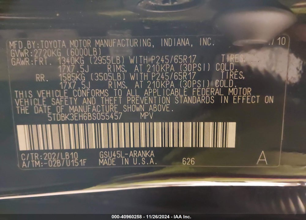 2011 TOYOTA HIGHLANDER SE V6 VIN: 5TDBK3EH6BS055457