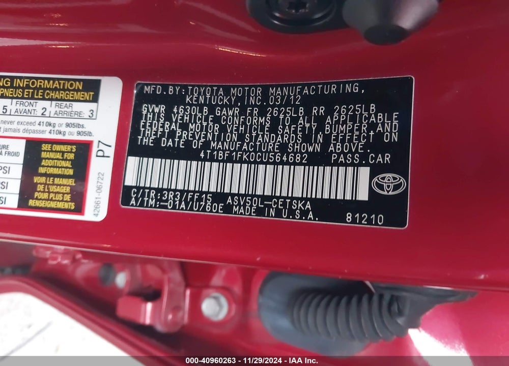 2012 TOYOTA CAMRY SE VIN: 4T1BF1FK0CU564682