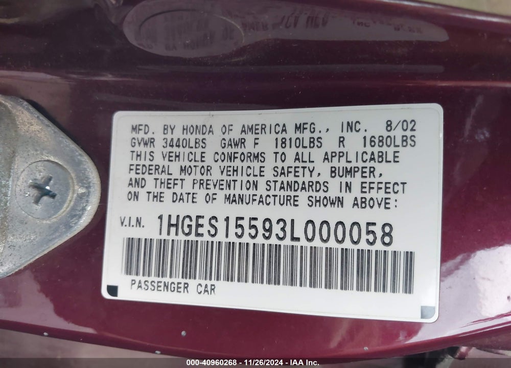 2003 HONDA CIVIC LX VIN: 1HGES15593L000058