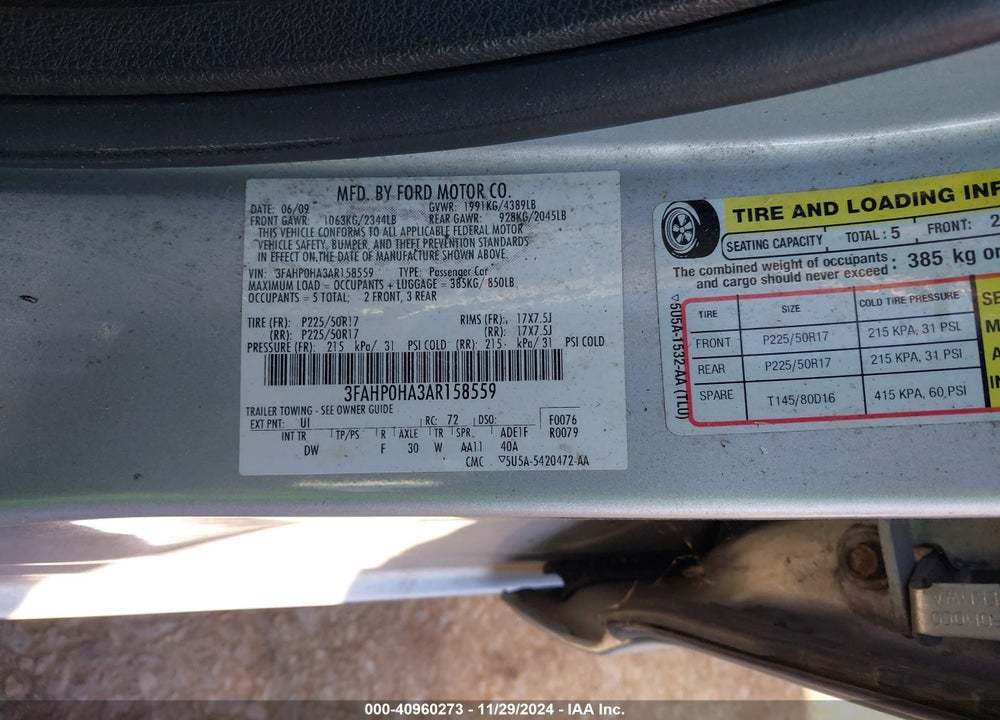 2010 FORD FUSION SE VIN: 3FAHP0HA3AR158559