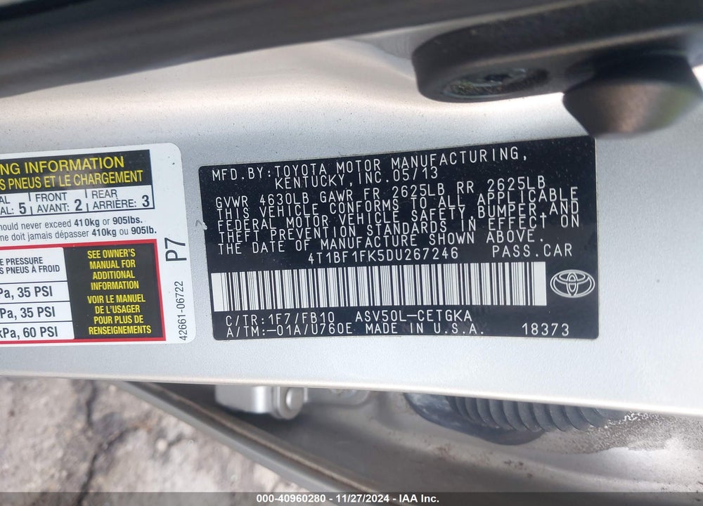 2013 TOYOTA CAMRY XLE VIN: 4T1BF1FK5DU267246