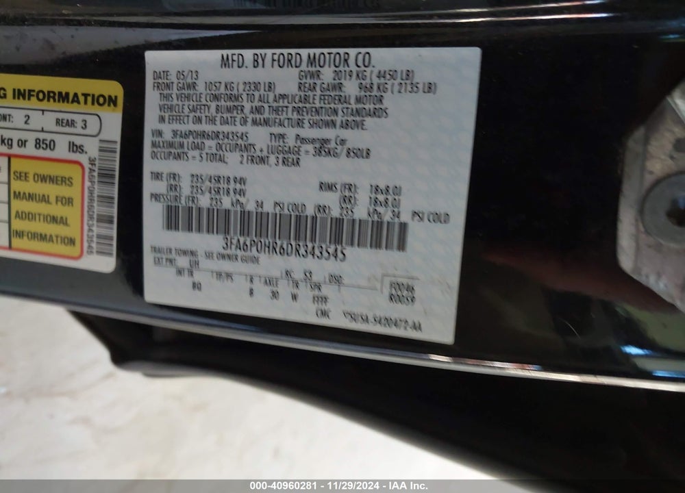 2013 FORD FUSION SE VIN: 3FA6P0HR6DR343545
