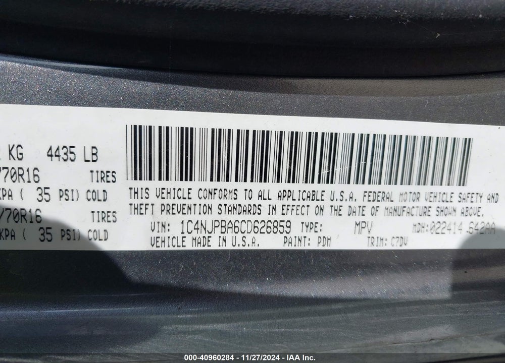 2012 JEEP PATRIOT SPORT VIN: 1C4NJPBA6CD626859