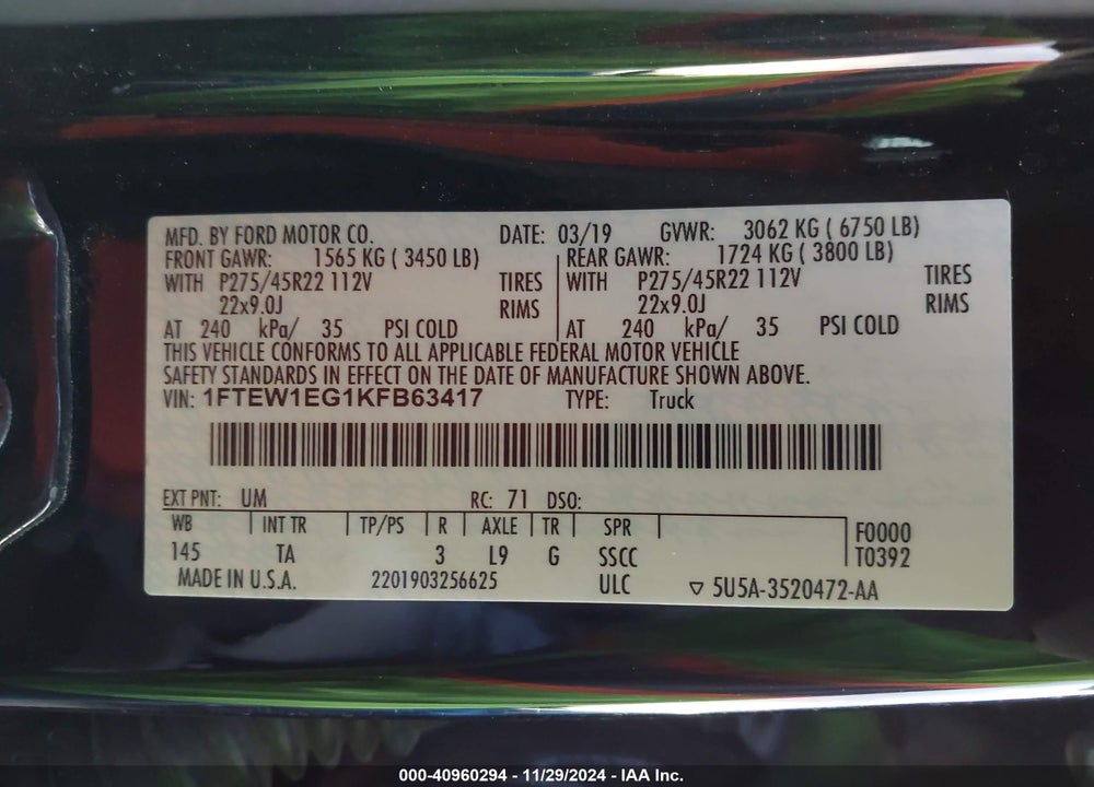 2019 FORD F-150 LIMITED VIN: 1FTEW1EG1KFB63417