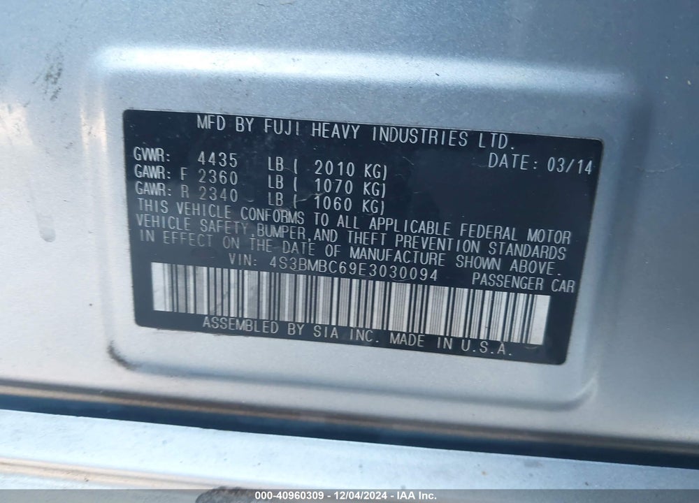 2014 SUBARU LEGACY 2.5I PREMIUM VIN: 4S3BMBC69E3030094