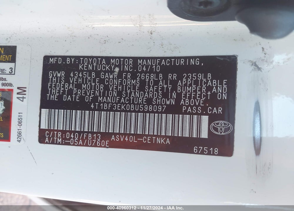 2011 TOYOTA CAMRY LE VIN: 4T1BF3EK0BU598097
