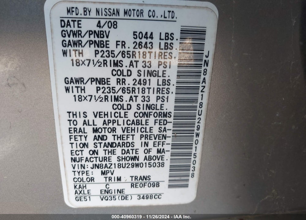 2009 NISSAN MURANO SL VIN: JN8AZ18U29W015038