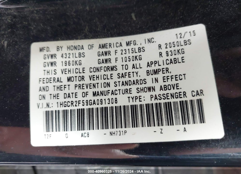 2016 HONDA ACCORD SPORT VIN: 1HGCR2F59GA091308
