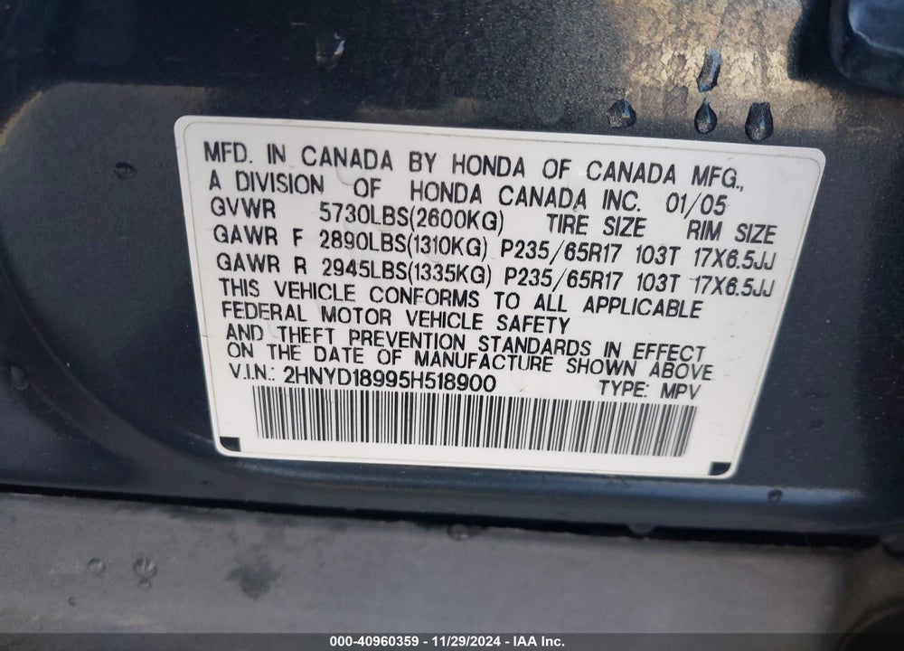 2005 ACURA MDX VIN: 2HNYD18995H518900