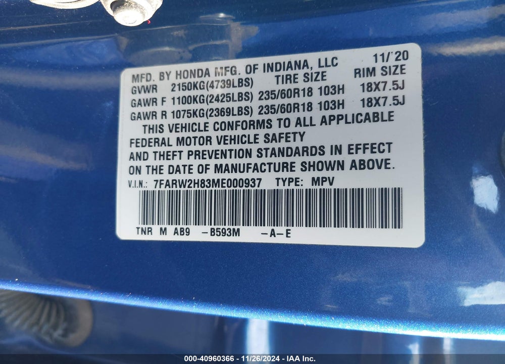 2021 HONDA CR-V AWD EX-L VIN: 7FARW2H83ME000937