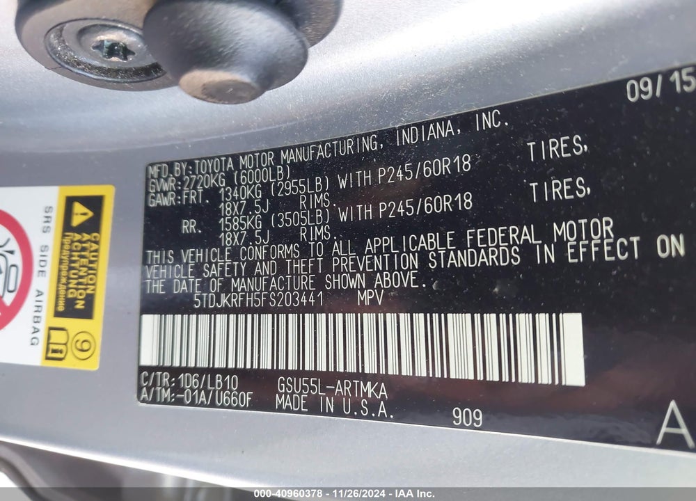 2015 TOYOTA HIGHLANDER XLE V6 VIN: 5TDJKRFH5FS203441