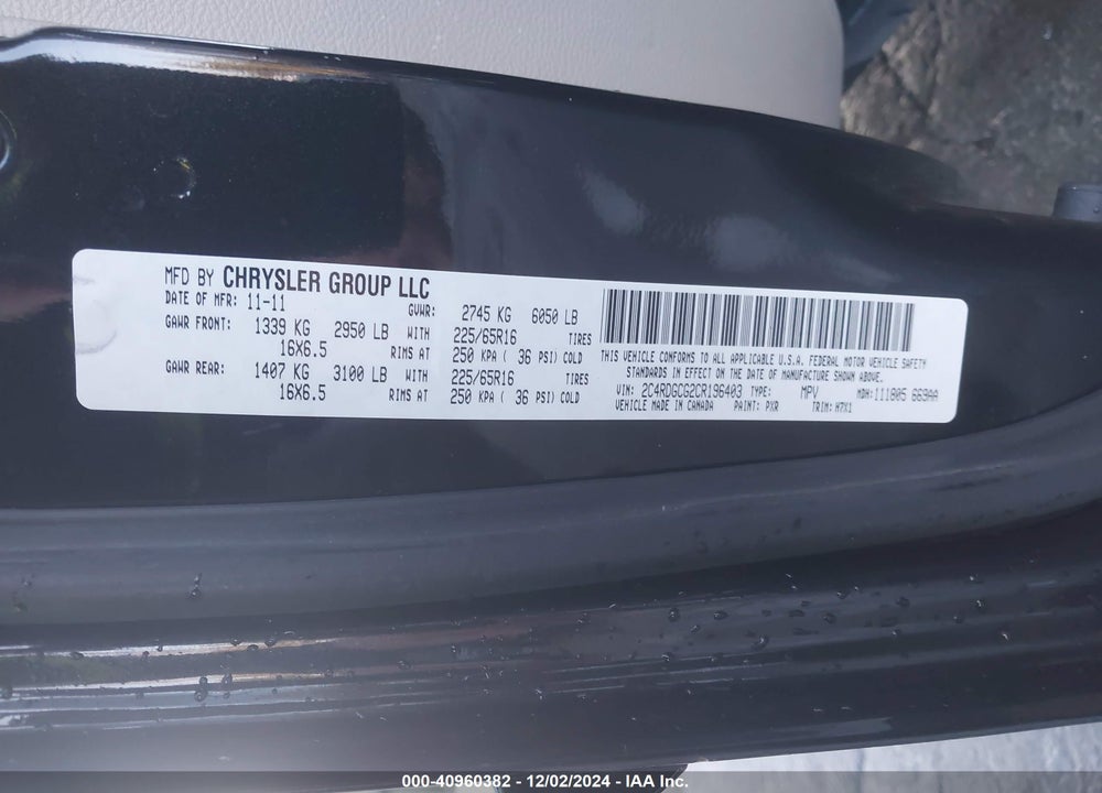 2012 DODGE GRAND CARAVAN SXT VIN: 2C4RDGCG2CR196403