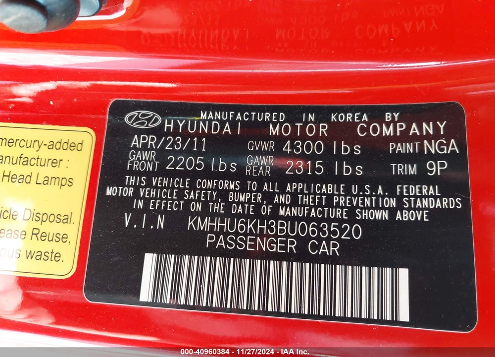 2011 HYUNDAI GENESIS 3.8 GRAND TOURING VIN: KMHHU6KH3BU063520