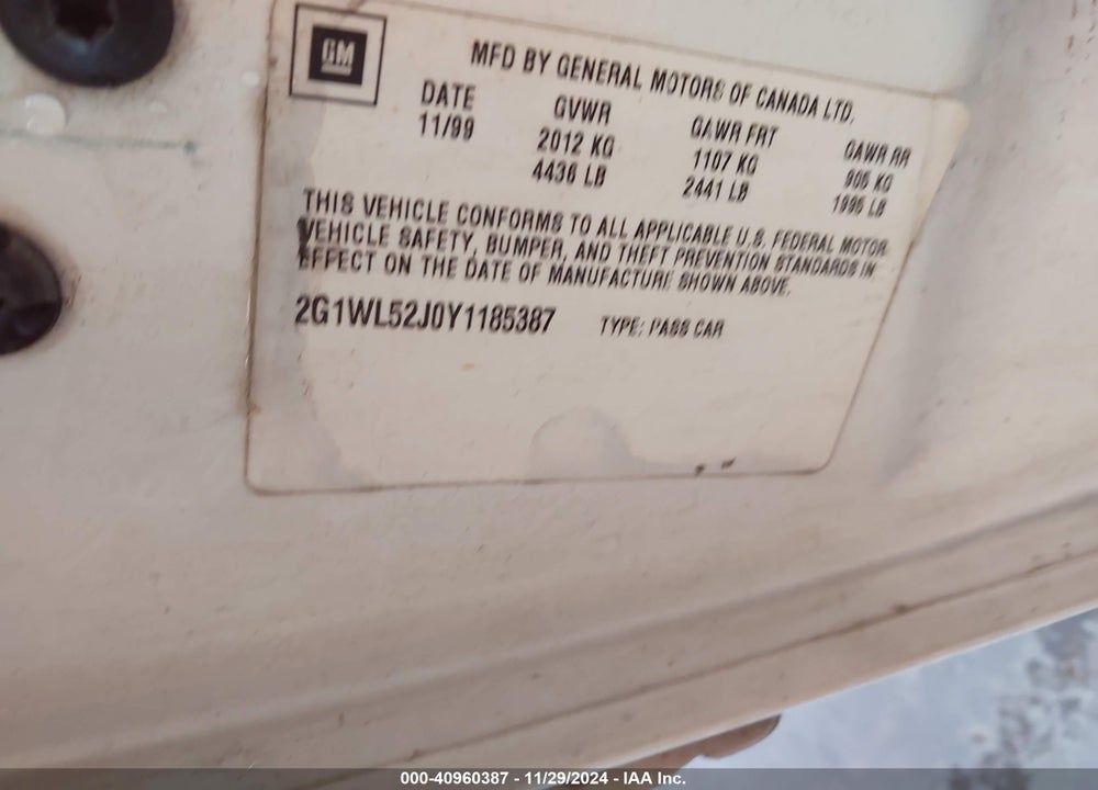 2000 CHEVROLET LUMINA VIN: 2G1WL52J0Y1185387