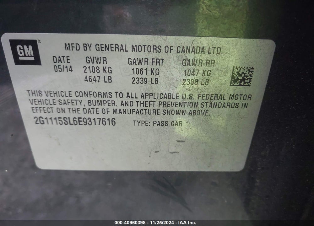 2014 CHEVROLET IMPALA 1LT VIN: 2G1115SL6E9317616