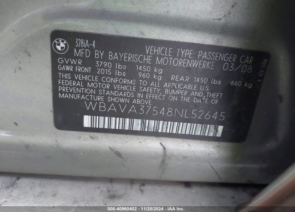2008 BMW 328I VIN: WBAVA37548NL52645