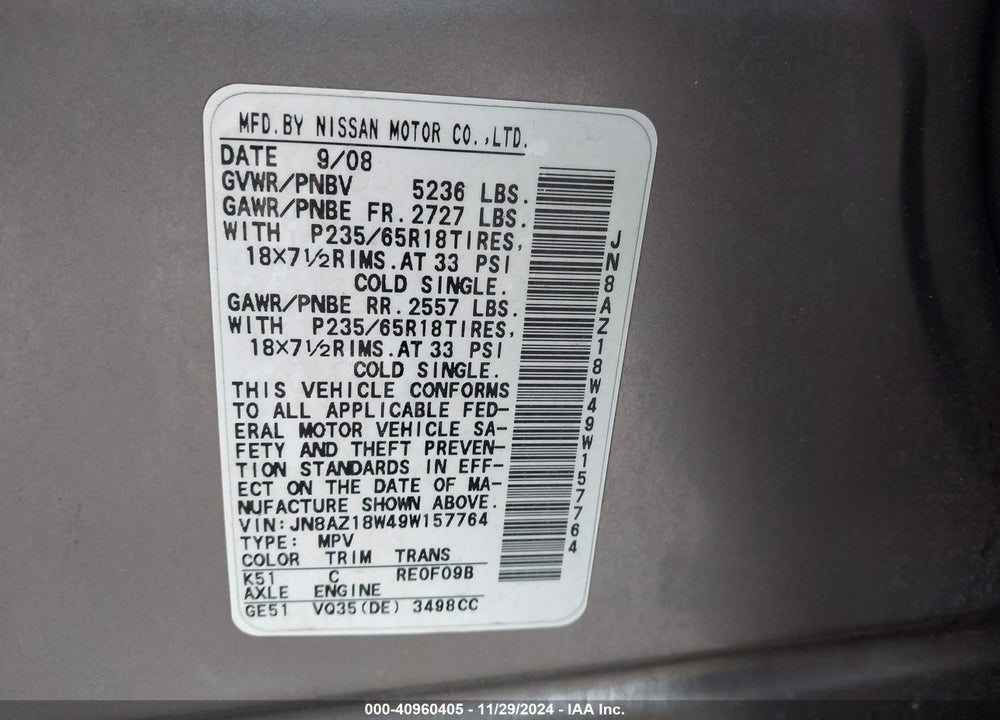 2009 NISSAN MURANO SL VIN: JN8AZ18W49W157764