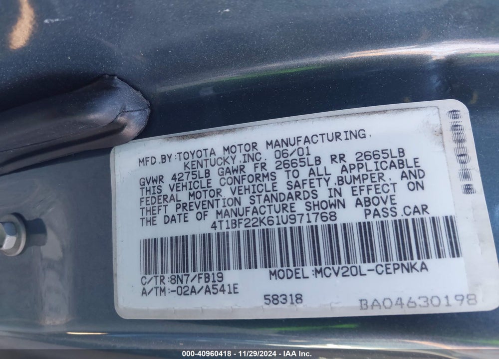 2001 TOYOTA CAMRY LE V6 VIN: 4T1BF22K61U971768