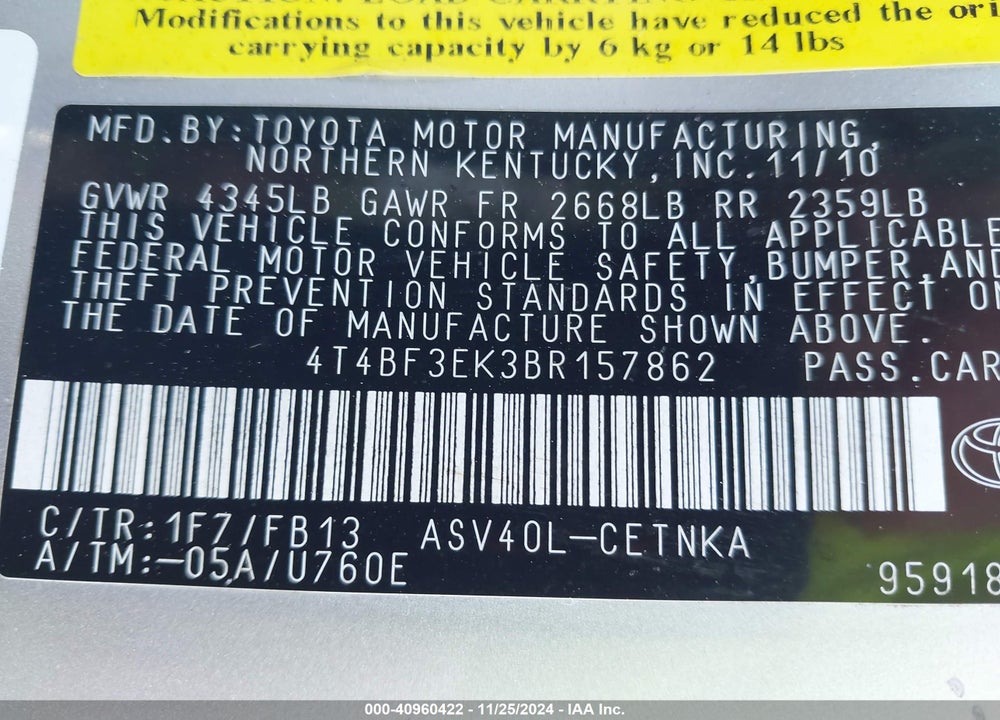 2011 TOYOTA CAMRY LE VIN: 4T4BF3EK3BR157862