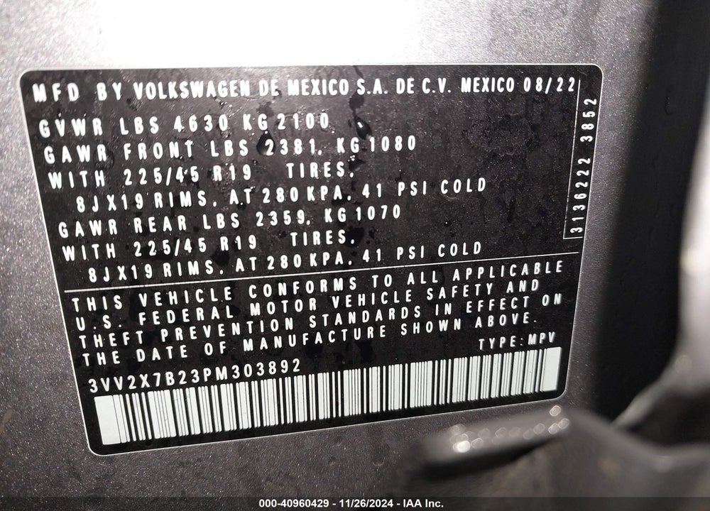 2023 VOLKSWAGEN TAOS 1.5T SEL VIN: 3VV2X7B23PM303892