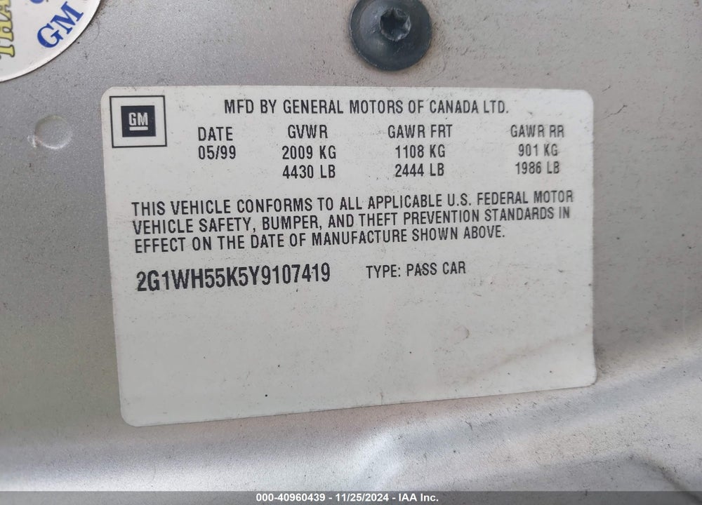 2000 CHEVROLET IMPALA LS VIN: 2G1WH55K5Y9107419