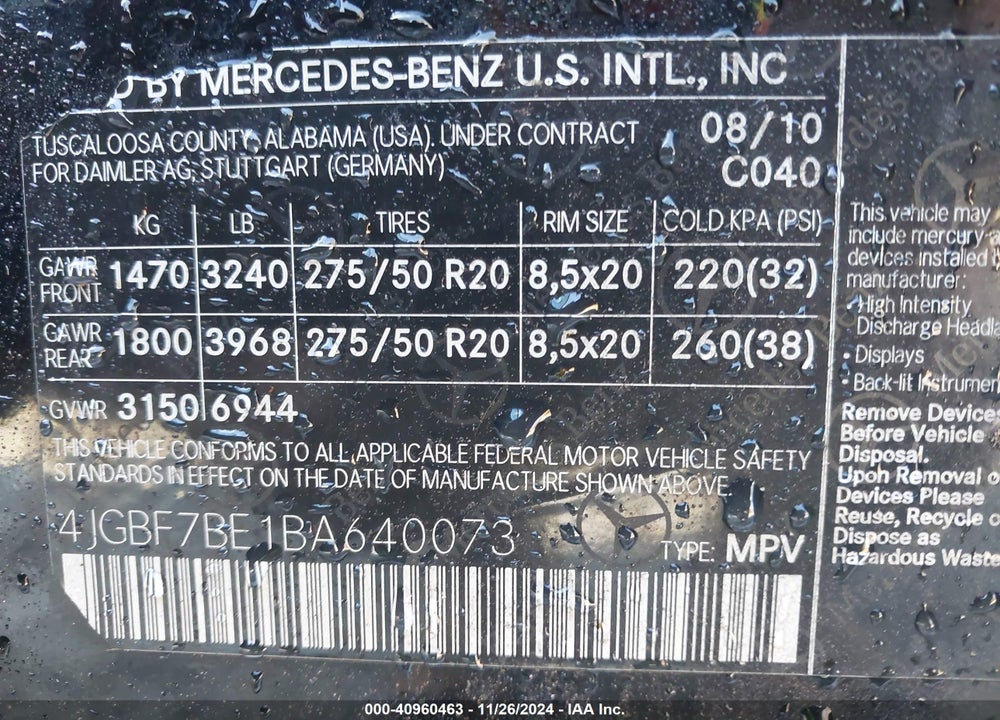 2011 MERCEDES-BENZ GL 450 4MATIC VIN: 4JGBF7BE1BA640073