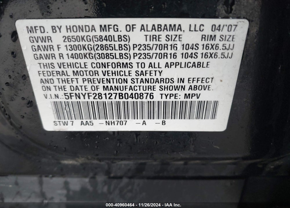 2007 HONDA PILOT LX VIN: 5FNYF28127B040876