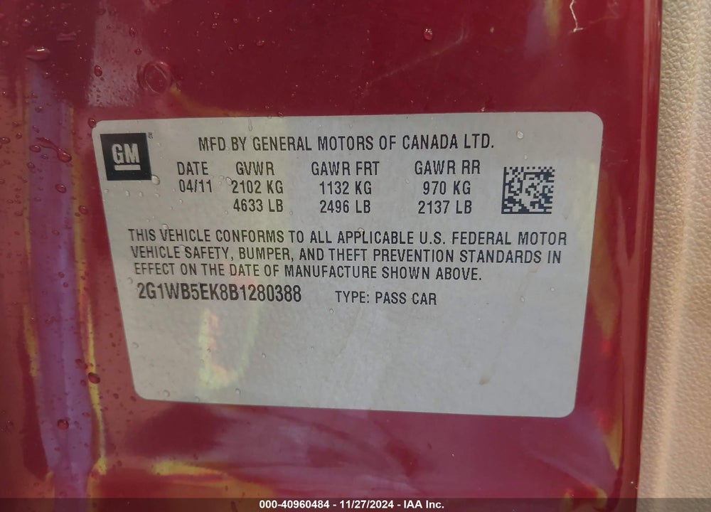 2011 CHEVROLET IMPALA LT VIN: 2G1WB5EK8B1280388