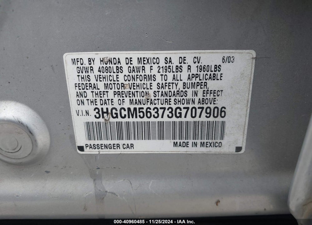 2003 HONDA ACCORD 2.4 LX VIN: 3HGCM56373G707906