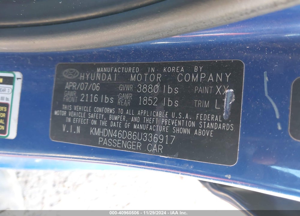 2006 HYUNDAI ELANTRA GLS/LIMITED VIN: KMHDN46D86U336917