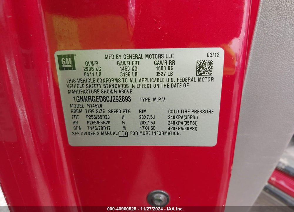 2012 CHEVROLET TRAVERSE 1LT VIN: 1GNKRGED8CJ292893