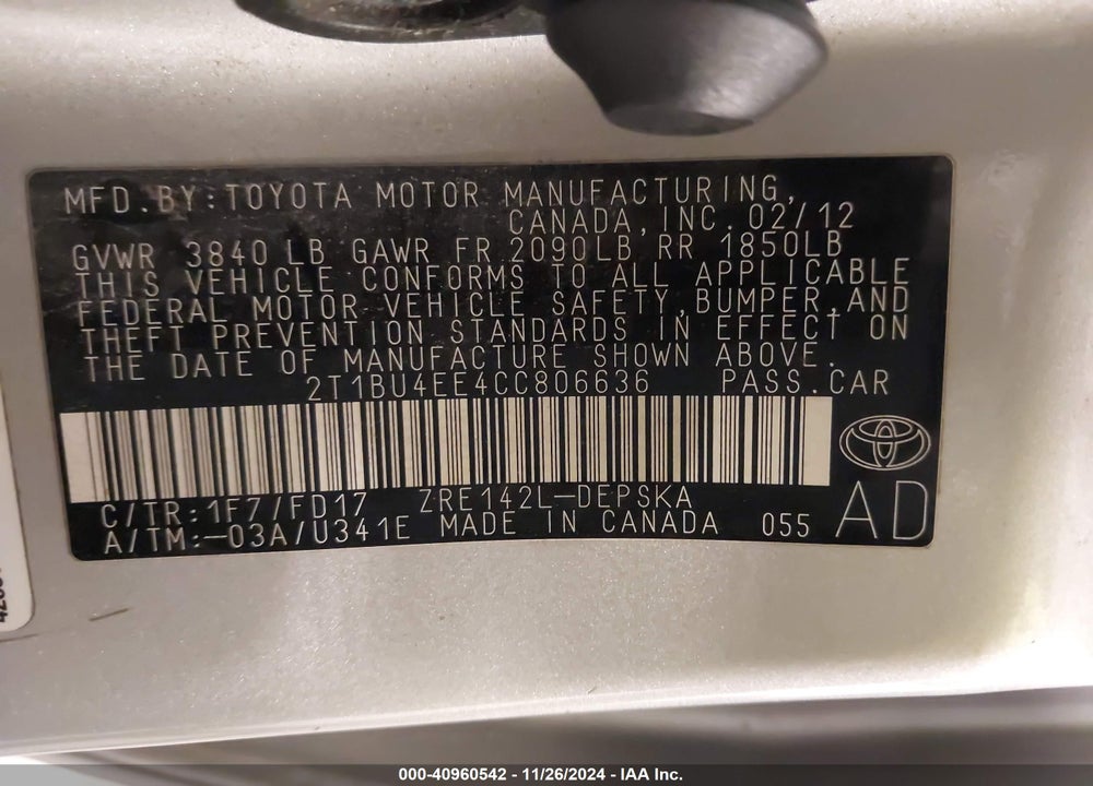 2012 TOYOTA COROLLA S VIN: 2T1BU4EE4CC806636