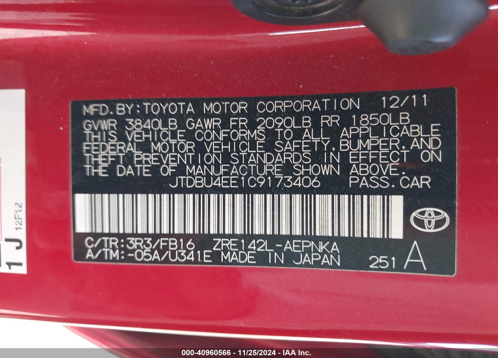 2012 TOYOTA COROLLA LE VIN: JTDBU4EE1C9173406