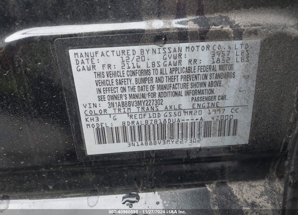 2021 NISSAN SENTRA S XTRONIC CVT VIN: 3N1AB8BV3MY227302